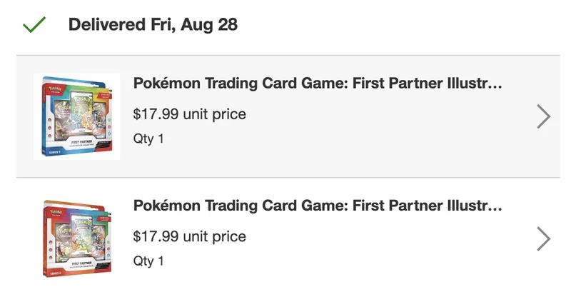 Target order: two First Partner Illustration Collections at $17.99 each, delivered Friday Aug 28