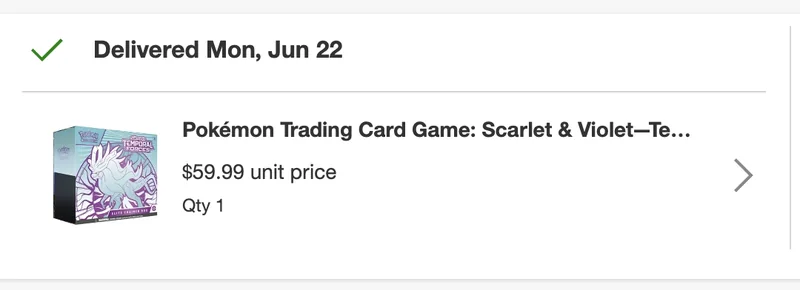Target order: Temporal Forces Elite Trainer Box, $59.99, delivered Monday Jun 22
