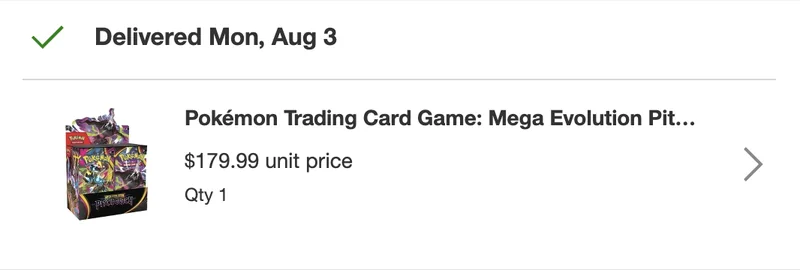 Target order: Pokémon TCG Mega Evolution booster box, $179.99, delivered Monday Aug 3