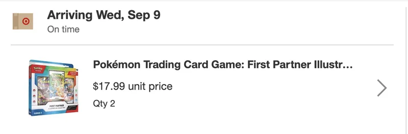 Target order: two First Partner Illustration Collections at $17.99 each, arriving Wednesday Sep 9, on time